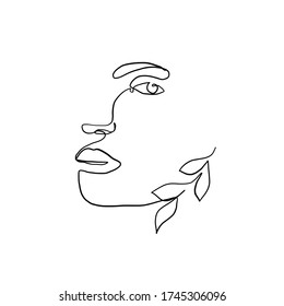 Linear female beauty simple face. Botanical element. Graphic leaf. Minimal logo. Vector icon design. Continuous line drawing. Woman portrait. Glamour vogue concept. 