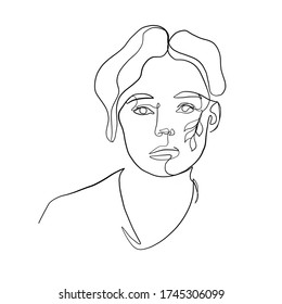 Lineare weibliche Schönheit einfache Gesicht. Botanisches Element. Grafisches Blatt. Minimales Logo. Vector Icon Design. Laufende Zeilenzeichnung. Frauenportrait. Glamour-Vogue-Konzept. 
