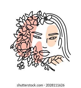 Lineares weibliches Gesicht mit blühendem Ast. Weibliche, kontinuierliche Linien minimalistische Kunstwerke mit Blumen und abstrakten Formen. Moderne Wandkunst, Dekoration. Eine Zeichnung druckbar. Vektorgrafik.
