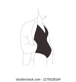 Linear female figure. Elegant faceless lady in black bodysuit. Graceful woman silhouette. Minimalistic hand drawn vector illustration. Trendy logo for boutique, shop, beauty salon.
