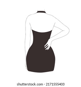 Linear female figure. Elegant faceless lady in black dress. Graceful woman silhouette. Minimalistic hand drawn vector illustration. Trendy logo for boutique, shop, beauty salon.