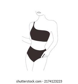 Figura femenina lineal. Elegante dama sin rostro con bikini negro. Silueta de mujer elegante. Ilustración vectorial dibujada a mano mínima. Logo de moda para boutique, tienda, salón de belleza.