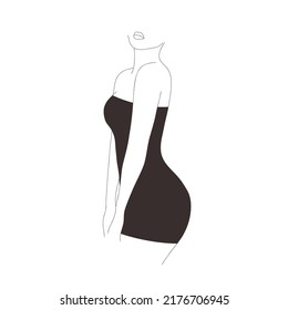 Figura femenina lineal. Mujer elegante sin rostro con vestido negro. Silueta de mujer elegante. Ilustración vectorial dibujada a mano mínima. Logo de moda para boutique, tienda, salón de belleza.