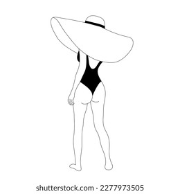 Lineare weibliche Figur im Sommerhut. Elegante gesichtslose Dame in schwarzem Badeanzug. Reizende Silhouette. Minimalistische handgezeichnete Vektorgrafik. Trendlogo für Boutique, Shop, Schönheitssalon.