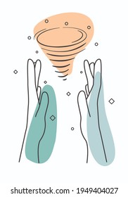 Manos femeninas lineales con tornado. Concepto mágico para historias, impresión, empaque. Manos femeninas elegantes vectoriales. Ilustración de color abstracta de las manos de las mujeres.