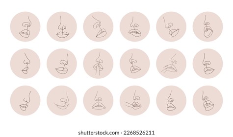 labios femeninos lineales. Un conjunto de portadas destacadas para los medios sociales. Ilustración vectorial de retratos femeninos elegantes en un estilo lineal de moda. Logo de belleza para belleza o salón permanente.