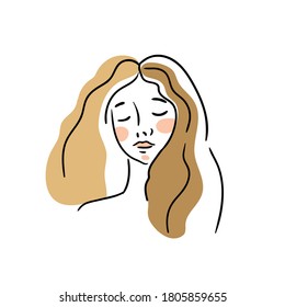 Linear female portrait isolated on white background. Beautiful young woman illustration. Abstract and simple shapes in hand-drawn modern style. T-shirt print design.