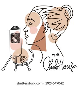 Linear female profile with mic. Oodcast on air in voice chat room. Concept of popular method of exchanging messages and thoughts in web or internet. Outline trend modern graphic art designvector