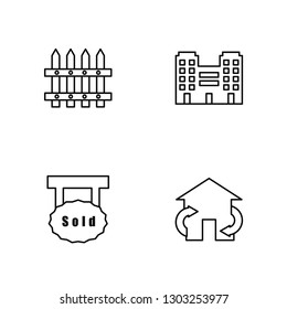 Linear Fence, Sold, Real state, Exchange Vector Illustration Of 4 outline Icons. Editable Pack Of Fence, Sold, Real state, Exchange