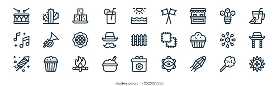 lineares festa junina icon pack. vetor linha fina algodão doce, cactus, pacoca, flores, chapéu, chapéu, presente, ícones de girassol adequados para aplicativos e sites ui designs