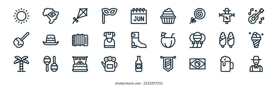 linear festa junina icon pack. vector thin line beer, map, kite, scarecrow, dress, ice cream, beer, man icons suitable for apps and websites ui designs