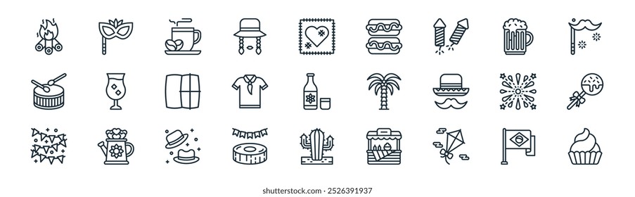 linear festa junina icon pack. vector thin line brazil flag, masquerade, coffee, beer, shirt, lollipop, cactus, cupcake icons suitable for apps and websites ui designs