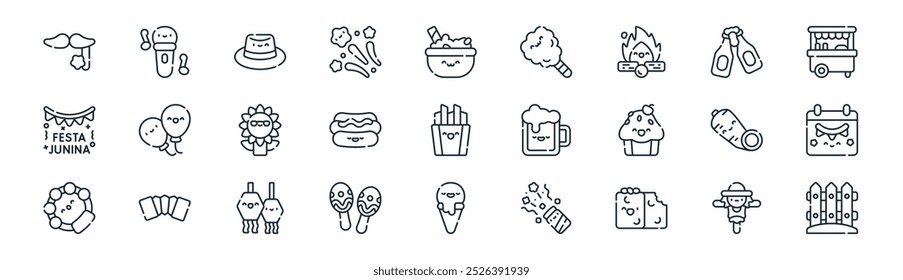 linear festa junina icon pack. vector thin line scarecrow, microphone, hat, beers, hot dog, calendar, icecream, fence icons suitable for apps and websites ui designs