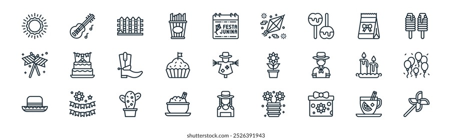 linear festa junina icon pack. vetor linha fina mulled vinho, guitarra, cerca, saco de presente, cupcake, balões, mulher, ícones de cata-vento adequados para aplicativos e sites ui designs