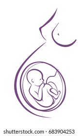 Linear figure of a pregnant woman's body. Child in the womb. White background, vector illustration
