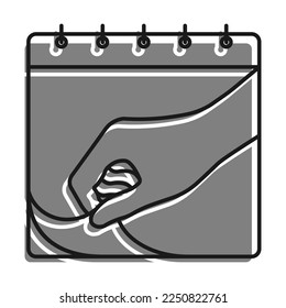 Linear filled with gray color icon. Hand Tearing Sheet Of Wall Calendar. Marking Days Of Week, Months On Calendar. Simple black and white vector