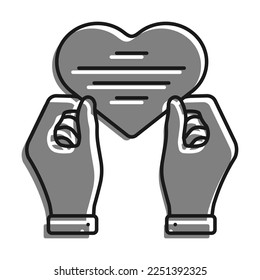 Linear filled with gray color icon. Hands Hold Heart Shaped Greeting Card For Holiday On Valentine Day. Simple black and white vector Isolated On white background