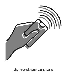Lineal rellenado con un icono de color gris. Mano Mantiene El Panel De Control De Tv Y Presiona El Botón Con El Pulgar. Control Remoto De Dispositivos Digitales. Vector simple en blanco y negro aislado en blanco