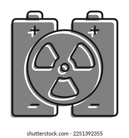 Linear filled with gray color icon. Pair Of Batteries With Sign Of Atomic Energy. High Capacity Energy Storage Devices Based On Radioactive Elements. Simple black and white vector On Wh
