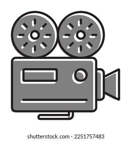 Linear filled with gray color icon Old Camcorder. Filming Movie On Retro Instrument. Film Recording Of Movie. Simple black and white vector