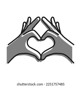 Linear filled with gray color icon. Human Hands Join Fingers In Shape Of Heart. Gesture Of Friendliness And Love. Simple black and white vector Isolated On white background