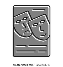 Linear filled with gray color icon. Theatrical Advertising Poster. Announcement Of Premiere With Theatrical Masks. Simple black and white vector Isolated On white background
