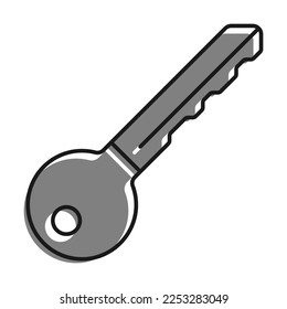 Linear filled with gray color icon. Key To Lock Front Door Of Residential Building Or Office. Round Handle Key. Simple black and white vector Isolated On white background