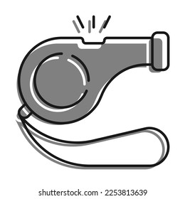 Linear filled with gray color icon. Sports Whistle Of Referee Of Football Sport Match. Simple black and white vector Isolated On white background