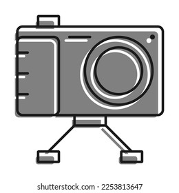 Lineal rellenado con un icono de color gris. Cámara Sobre Soporte, Equipo Para Fotografía Y Selfie. Día Mundial de la Fotografía: 19 de Agosto. Vector simple en blanco y negro