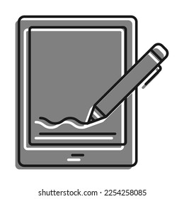 Lineal rellenado con un icono de color gris. Pluma electrónica Firma digitalmente la pantalla de Tablet PC. Uso De Firmas Digitales Para Documentos Electrónicos. Vector simple en blanco y negro aislado en la parte posterior blanca