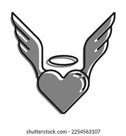 Linear filled with gray color icon. Inspired Heart Of Human In Love. Heart Symbol With Wings And Halo. Simple black and white vector Isolated On white background