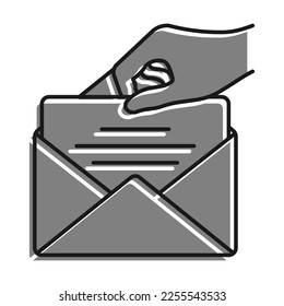 Linear filled with gray color icon. Hand Hold Envelope With Greeting Card For Holiday. Simple black and white vector Isolated On white background