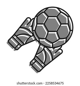 Linear filled with gray color icon. Goalkeeper Gloved Hands Catch Flying Soccer Ball. Football Goalie Gear To Protect Football Goals. Simple black and white vector Isolated On White Bac