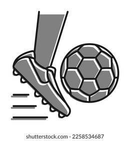 Linear filled with gray color icon. Foot In Spiked Sports Boot Hits Soccer Ball. Passing, Hitting Ball By Player In Command Play On Field Or In Training. Simple black and white vector I