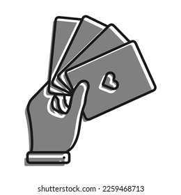 Linear filled with gray color icon. Hand Holds Playing Cards. Professional Gambling Poker In Casino. Simple black and white vector Isolated On white background