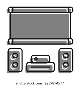 Linear filled with gray color icon. Home Theater With Speakers And Projector Screen. Premium Home Cinema Equipment. Simple black and white vector Isolated On white background