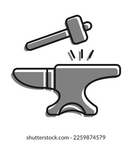 Linear filled with gray color icon, Hammer Hits The Anvil. Blacksmith Craft, Production Of Metal Products. Simple black and white vector Isolated On white background