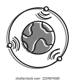 Lineal rellenado con un icono de color gris. Los Satélites Volan En Órbita Alrededor Del Planeta Tierra Y Transmiten Señal De Comunicación. Comunicaciones Por Satélite Y Navegación Por Gps. Vec Simple En Blanco Y Negro