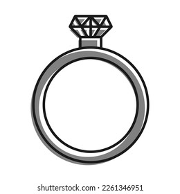 Lineal rellenado con un icono de color gris. Anillo De Diamantes Con Gema Grande. El Costoso Regalo De Festividad Para La Niña Por Su Cumpleaños O Día De San Valentín. Vector simple en blanco y negro aislado en la parte posterior blanca