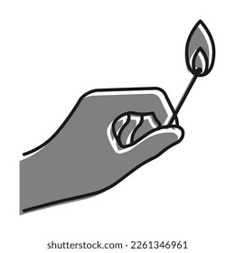 Linear filled with gray color icon. Man Hand Holds Burning Match. Careful Handling Of Fire. Simple black and white vector Isolated On white background
