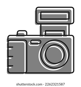 Lineal rellenado con un icono de color gris. Cámara, Equipo De Fotografía Y Selfie. Día Mundial de la Fotografía: 19 de Agosto. Vector simple en blanco y negro