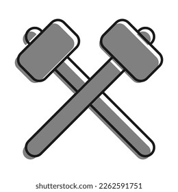 Lineal relleno con un icono de color gris, martillos cruzados. Artesanía De Herrero, Producción De Productos Metálicos. Simple vector blanco y negro aislado sobre fondo blanco
