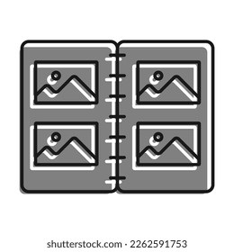 Linear filled with gray color icon. Album With Home Seed Photographs. Collection Of Memorable Photographs In Album. Simple black and white vector On white background