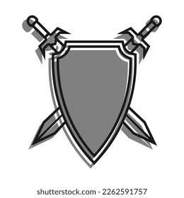 Linear filled with gray color icon, Pair Of Crossed Knight Swords Against Background Of Shield. Emblem Of Old Royal Family. Simple black and white vector Isolated On white background