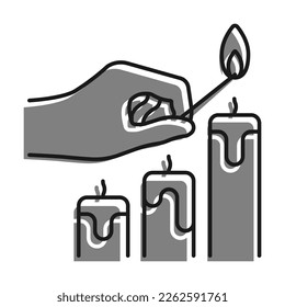 Linear filled with gray color icon. Hand Holds Burning Match Over Candles. Preparing For The Holiday, Lighting Candles. Simple black and white vector Isolated On white background
