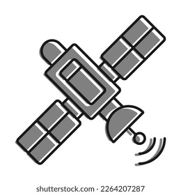 Linear gefüllt mit grauem Farbsymbol. Satelliten Fly and Transmit Communication Signal. Satellitenkommunikation und GPS-Navigation. Einfache, schwarz-weiße Vektorgrafik