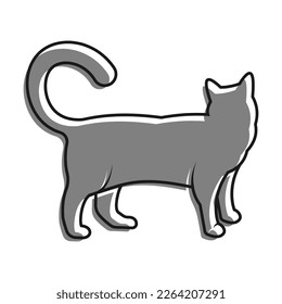 Linear gefüllt mit grauem Farbsymbol. Stehende Katze drehte ihren Kopf und wartet seinen Besitzer. Silhouette der Hauskatze, Haustiere. Einfache, schwarz-weiße Vektorgrafik einzeln auf weißem Hintergrund