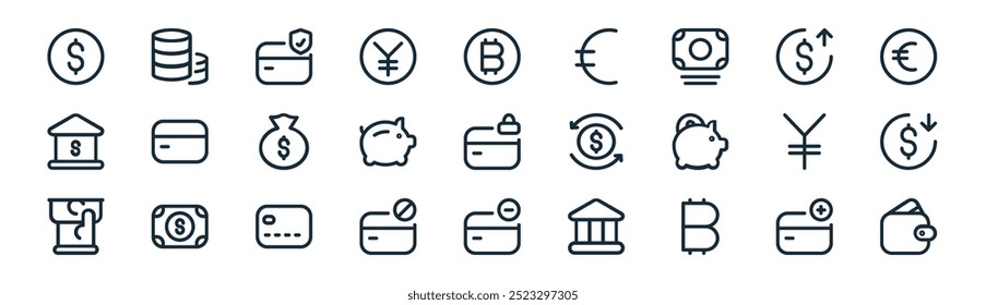 Ikonenpaket für lineare Finanzierungen. Vektor dünne Linie Kartenzahlung, Münzen, Kartenzahlung, Preis nach oben, Sparschwein, Preis nach unten, Kartenzahlung, Geldbörse Symbole für Apps und Websites ui Designs geeignet