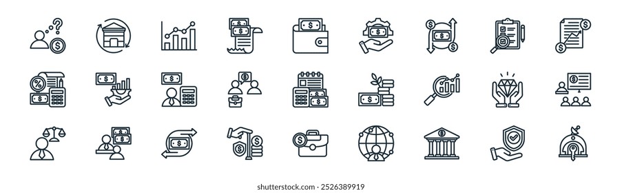 Vector de seguros de línea delgada, como gestión, estadísticas, evaluación, asesoría, capacitación, negocios, íconos privados adecuados para App y Sitios web Diseños de interfaz de usuario