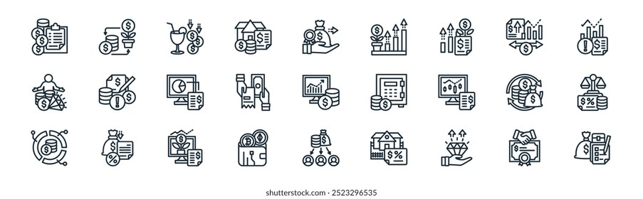 linear financial freedom icon pack. vector thin line bonds, roi, income, options, expenses, taxation, dividends, budgeting icons suitable for apps and websites ui designs